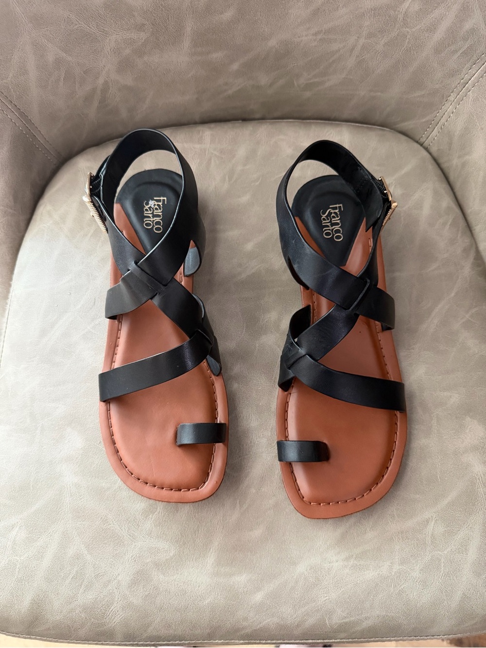 Franco Sarto Black Strappy Leather Sandals with Tan Footbed